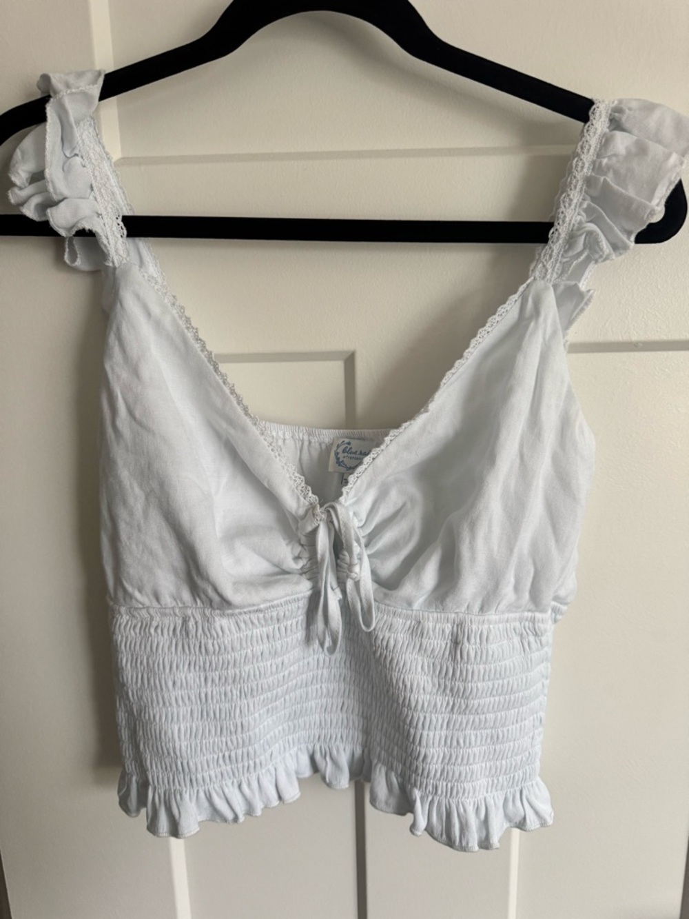 White Ruffle Strap Smocked Crop Top (Francesca’s / Blue Rain)